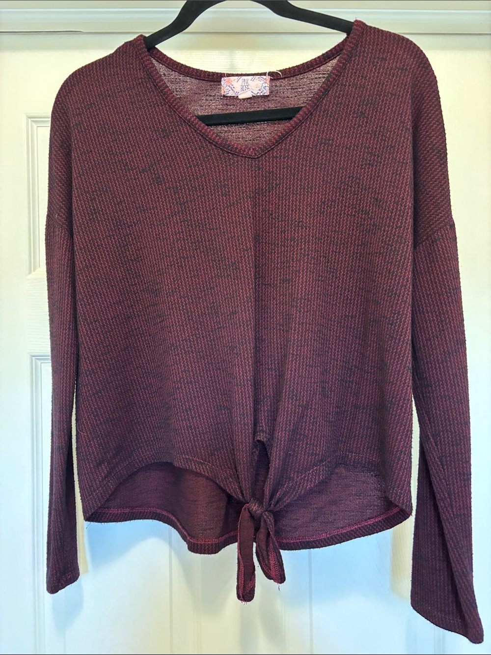 Women’s V-Neck Tie-Front Long Sleeve Top - Burgundy